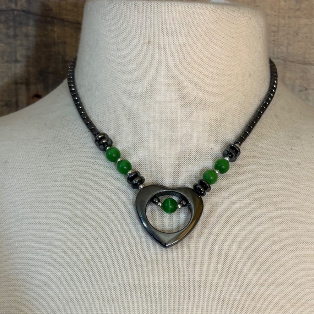 Hematite Beaded Heart Pendant Necklace Green Accents Gunmetal 18 Inch